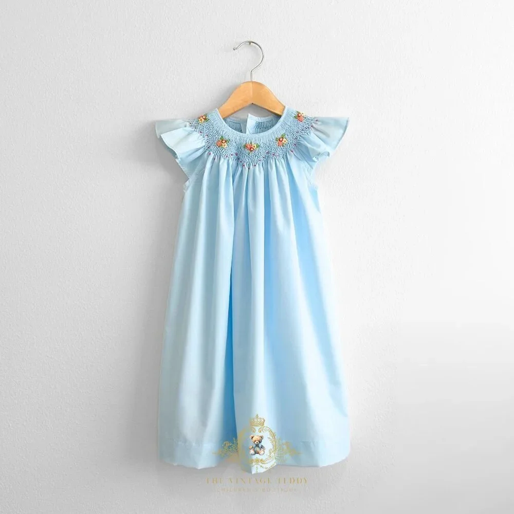 NWT Pretty Girls Embroidered Smocked Bishop Dress Spring & Summer Sky Blue 12M